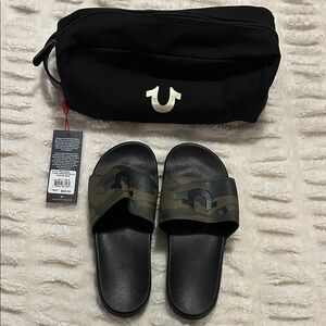 True Religion Men's Black and Green Camouflage Slides